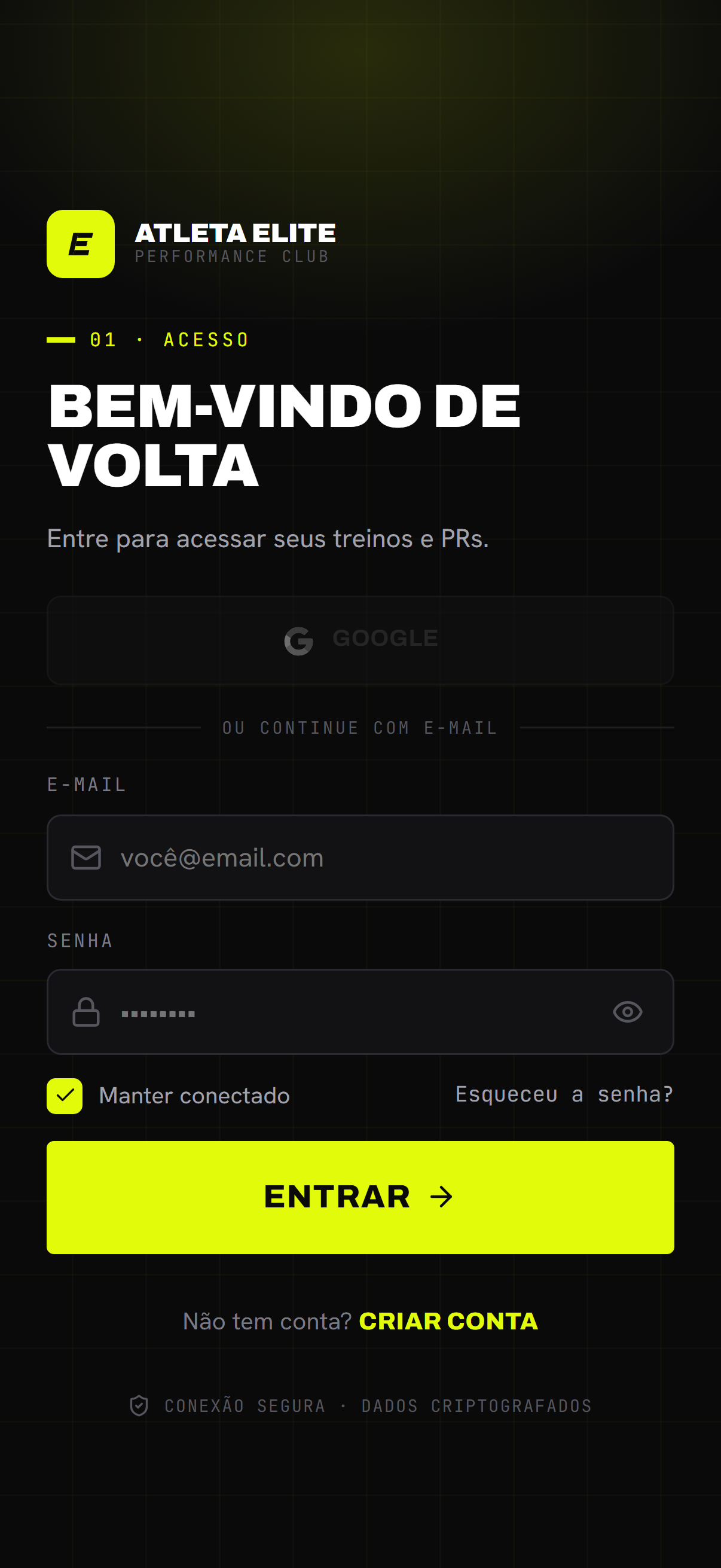 O formulário de e-mail/senha e o botão de login social