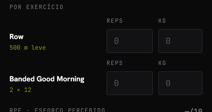 As linhas por exercício com reps/round e carga