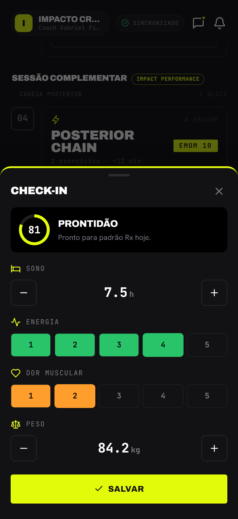 A folha de prontidão com o slider de score e as métricas