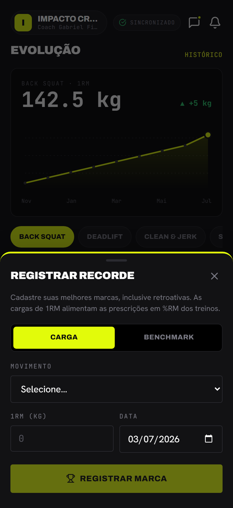 A folha "Registrar recorde" com o seletor Carga/Benchmark