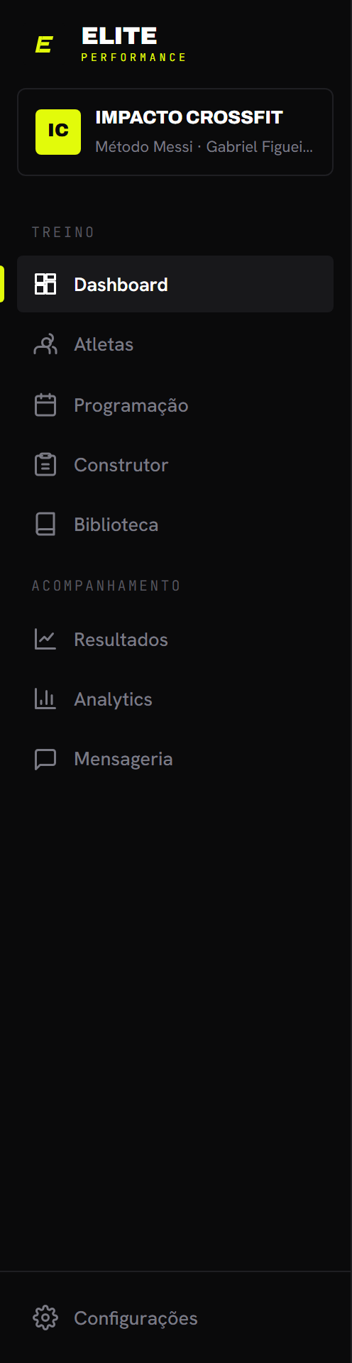 O menu com as duas seções e o rodapé