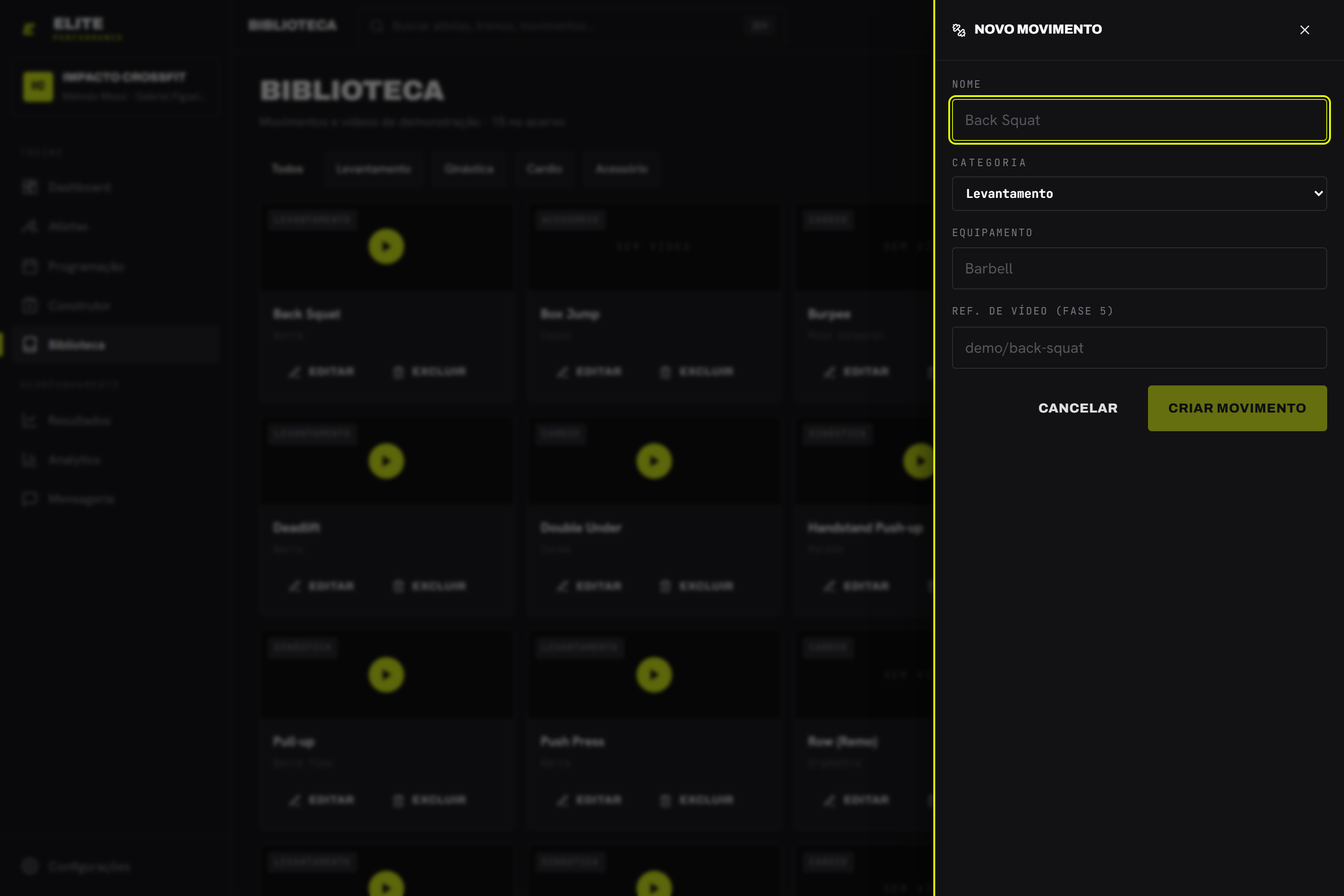 O painel lateral de criação/edição