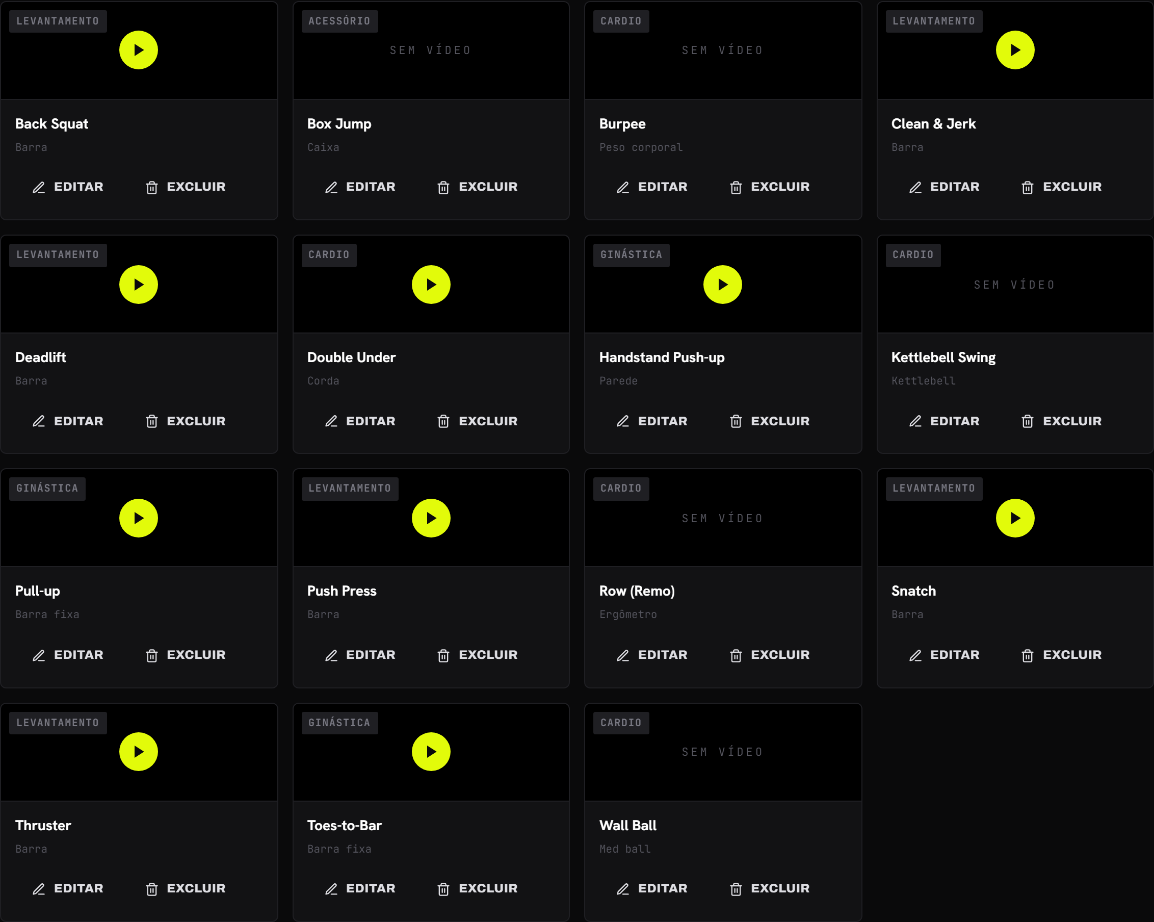 Os cards de movimento, um com vídeo e um "Sem vídeo"