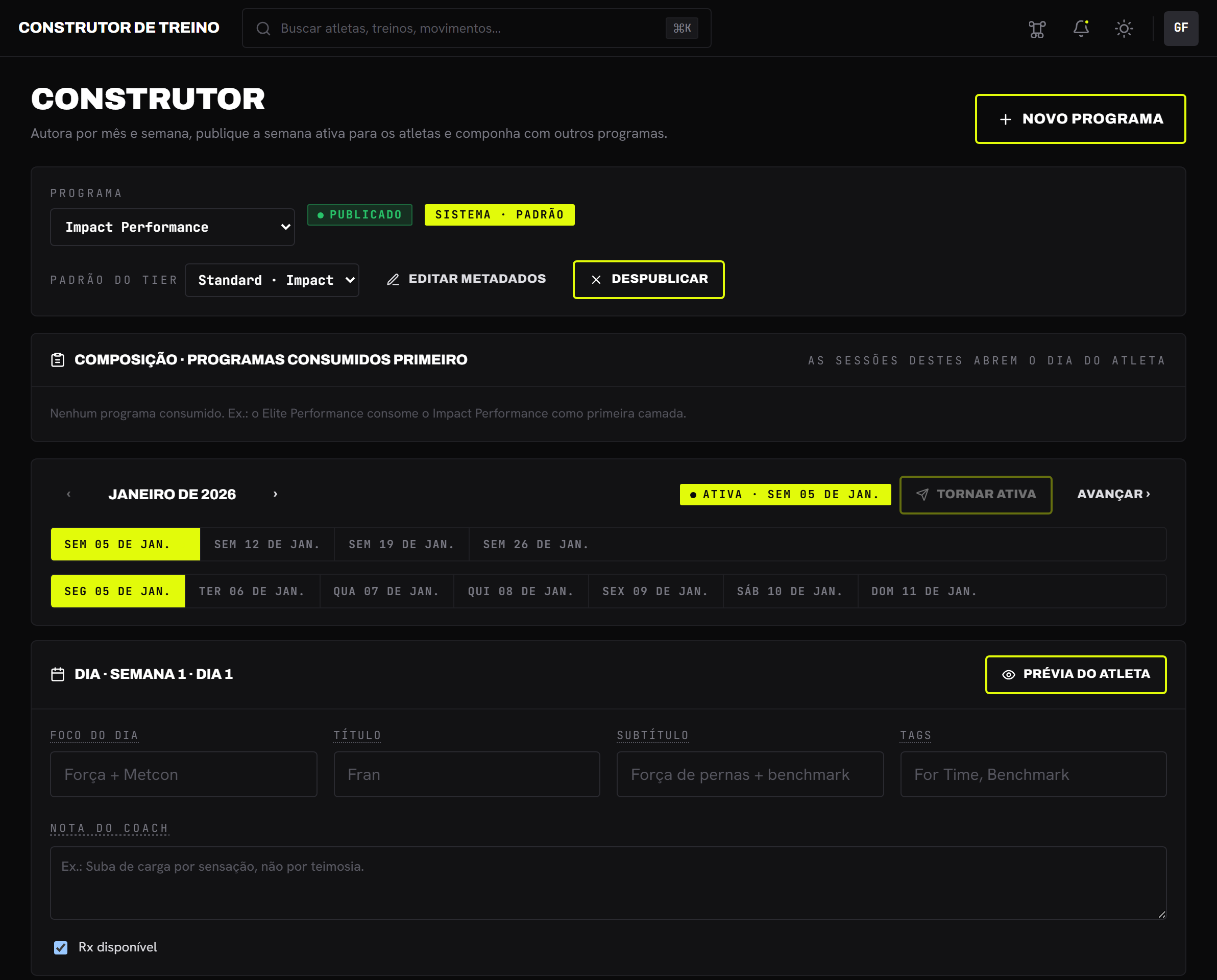 A tela do Construtor inteira com as regiões numeradas (barra de programa, navegação semana×dia, editor do dia, preview)
