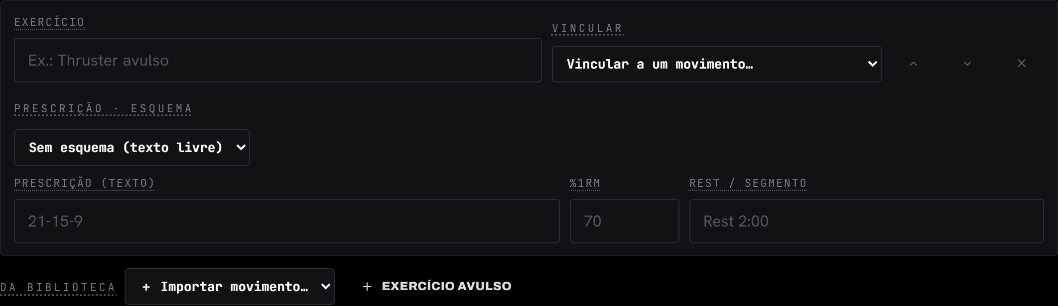 Um exercício vinculado (com selo "Biblioteca") e um livre, com os campos de carga