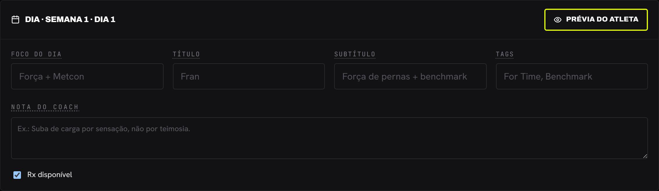 Os campos de metadados no topo do editor do dia