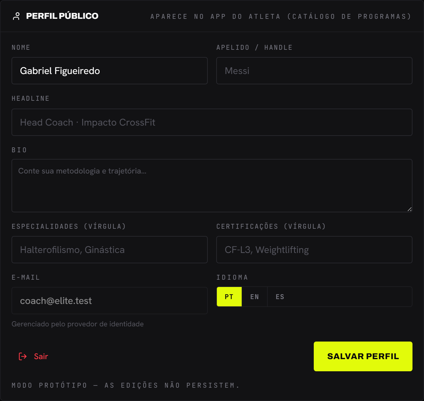 O formulário de perfil público